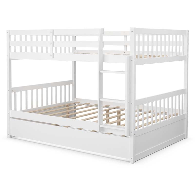 Full Over Full Bunk Bed with Trundle, Solid Wood Frame & Guardrails/Ladder, Space-Saving Bunk Bed for Adults Kids Teens, No Box Spring Needed