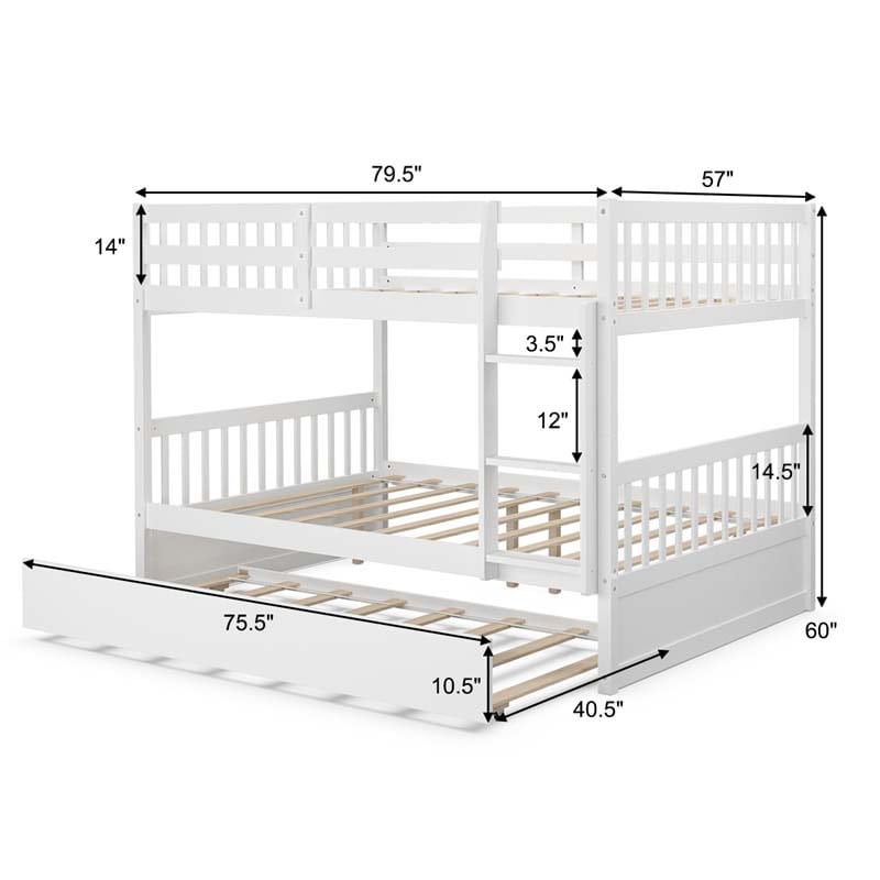 Full Over Full Bunk Bed with Trundle, Solid Wood Frame & Guardrails/Ladder, Space-Saving Bunk Bed for Adults Kids Teens, No Box Spring Needed