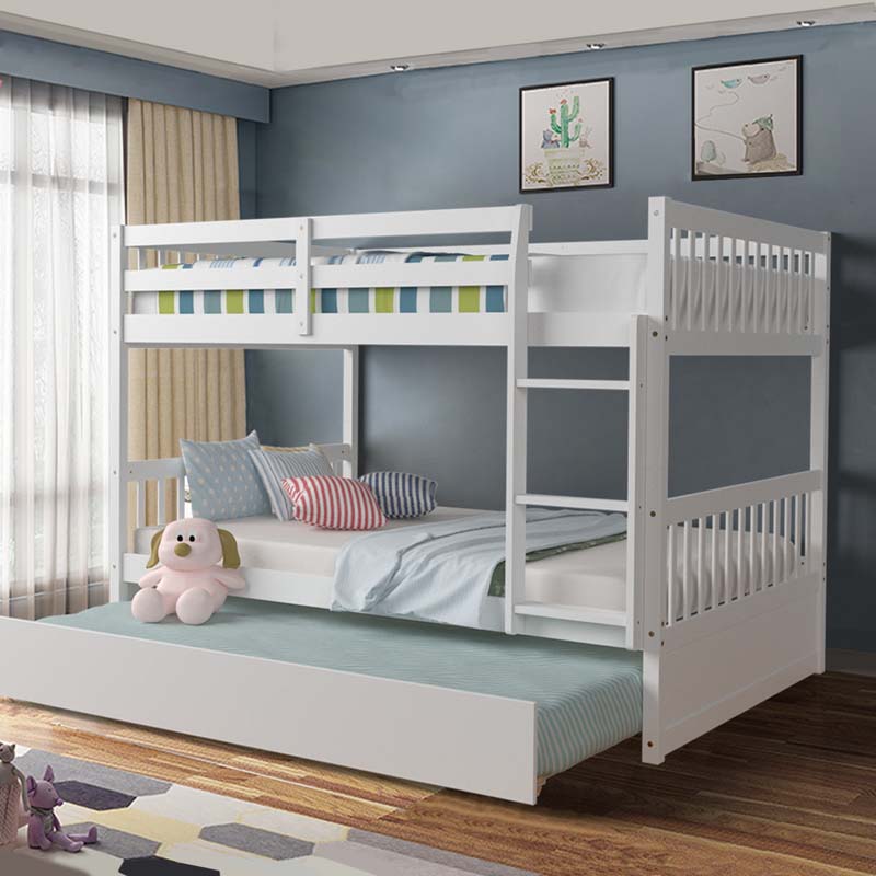 Solid Wood Full Over Full Bunk Bed Frame with Trundle, Safety Ladder & Guardrails, Convertible Bunk Bed for Kids Teens