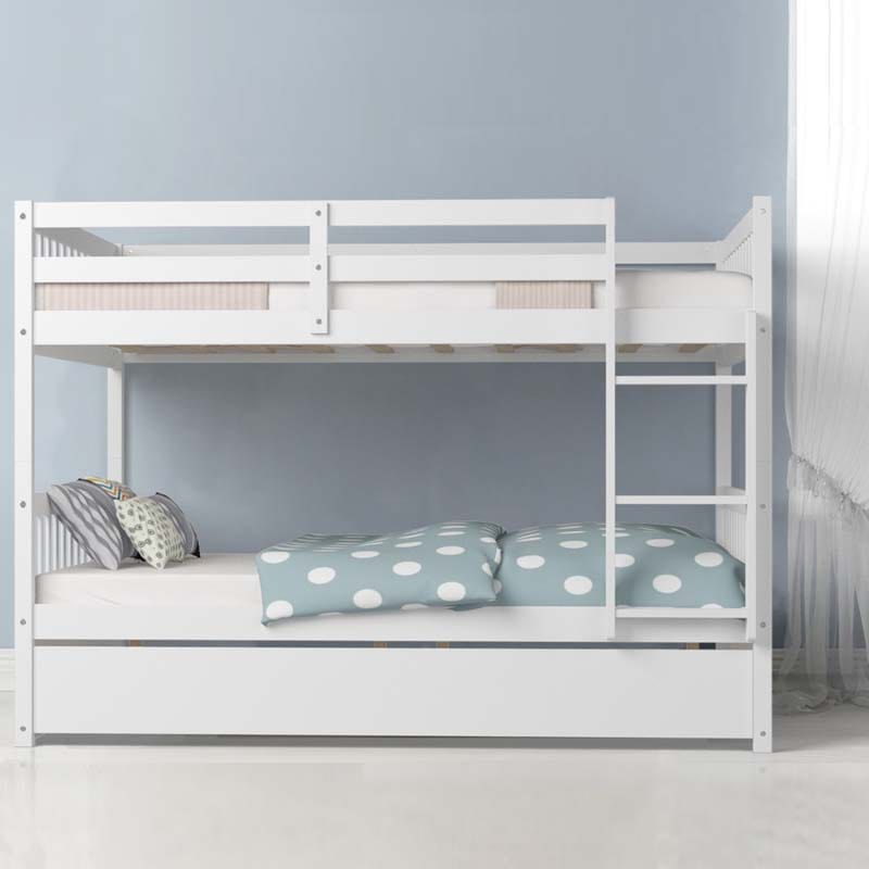 Full Over Full Bunk Bed with Trundle, Solid Wood Frame & Guardrails/Ladder, Space-Saving Bunk Bed for Adults Kids Teens, No Box Spring Needed