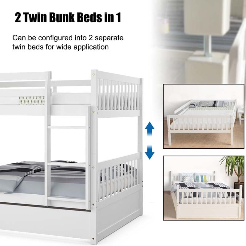 Solid Wood Full Over Full Bunk Bed Frame with Trundle, Safety Ladder & Guardrails, Convertible Bunk Bed for Kids Teens