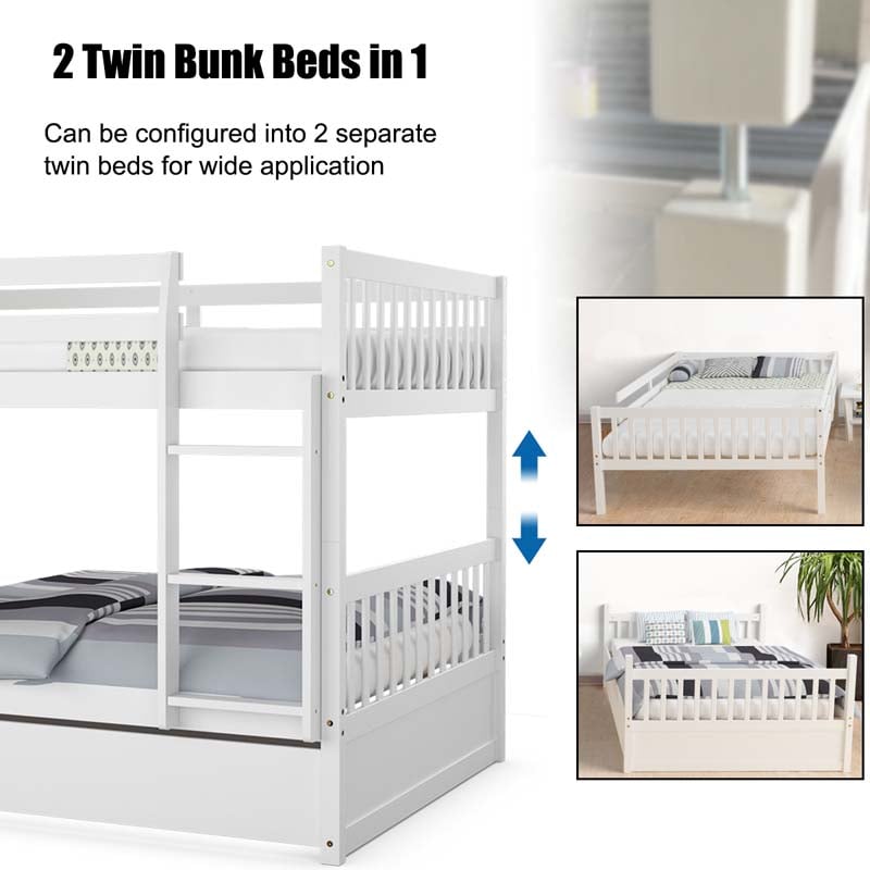Full Over Full Bunk Bed with Trundle, Solid Wood Frame & Guardrails/Ladder, Space-Saving Bunk Bed for Adults Kids Teens, No Box Spring Needed