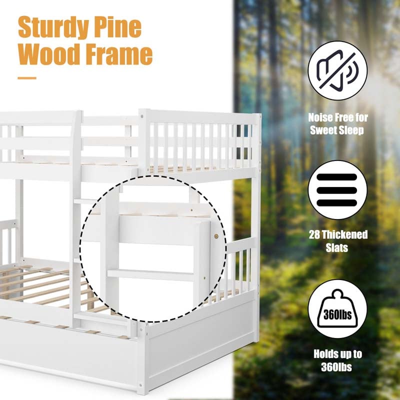 Full Over Full Bunk Bed with Trundle, Solid Wood Frame & Guardrails/Ladder, Space-Saving Bunk Bed for Adults Kids Teens, No Box Spring Needed