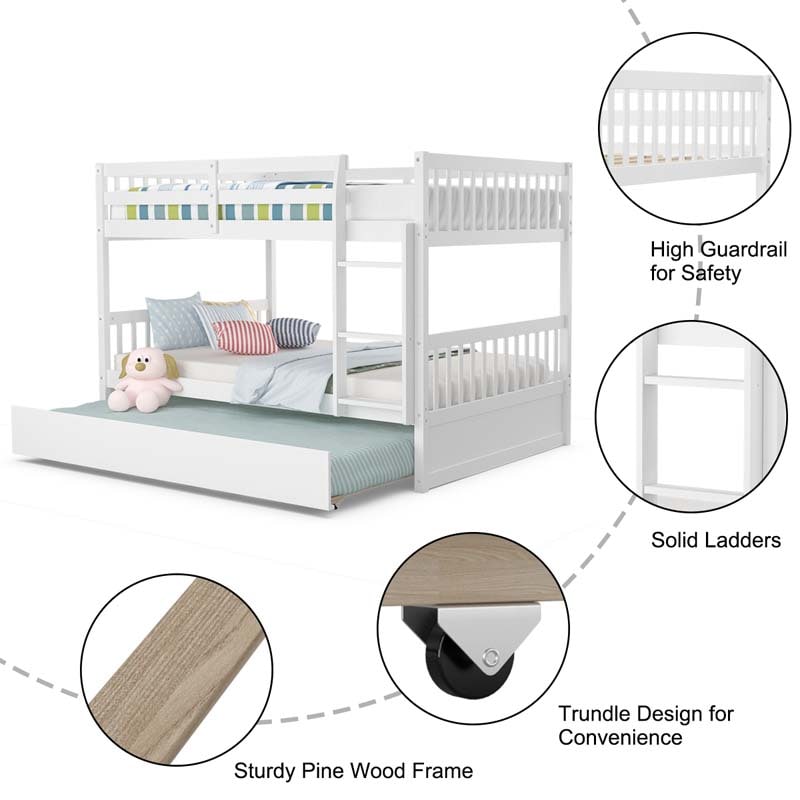 Full Over Full Bunk Bed with Trundle, Solid Wood Frame & Guardrails/Ladder, Space-Saving Bunk Bed for Adults Kids Teens, No Box Spring Needed