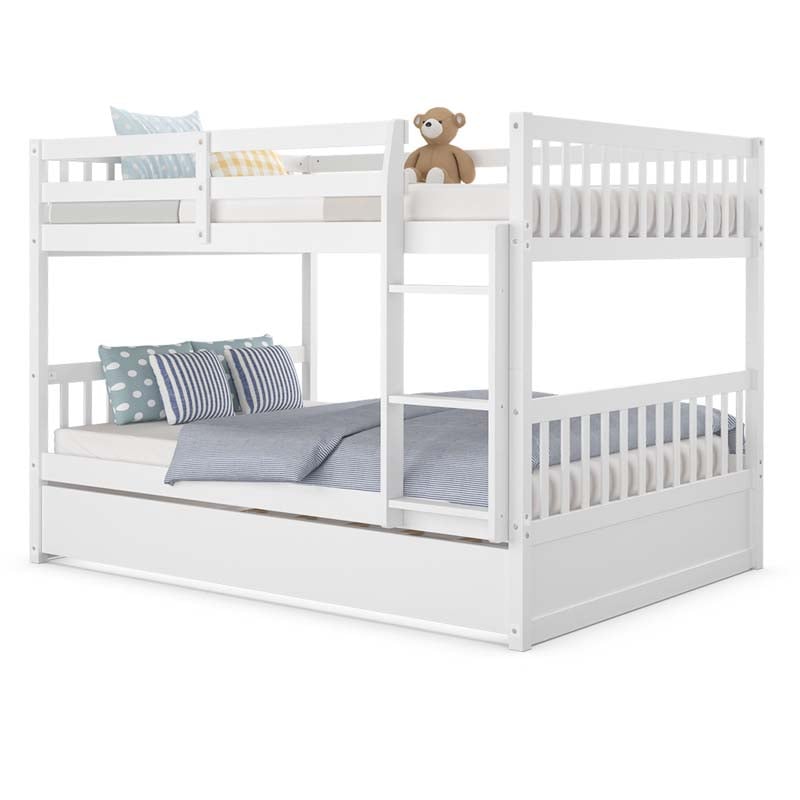 Full Over Full Bunk Bed with Trundle, Solid Wood Frame & Guardrails/Ladder, Space-Saving Bunk Bed for Adults Kids Teens, No Box Spring Needed