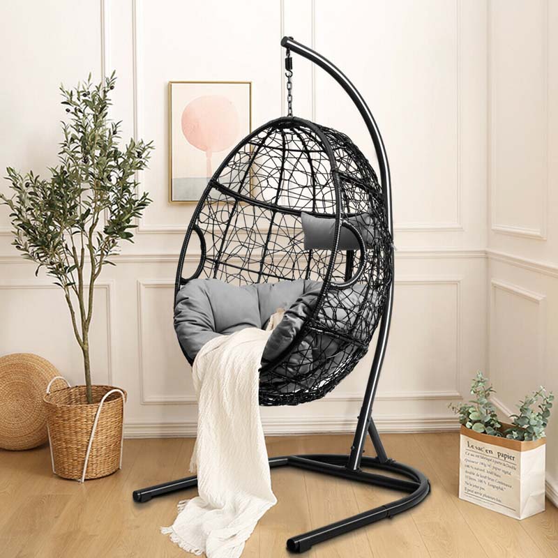 Outdoor Indoor Hanging Egg Chair Hammock Swing Chair with C Hammock Stand Set, Soft Seat Cushion & Pillow