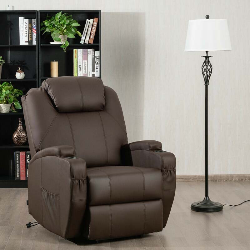 Heated Power Lift Recliner, Elderly Lift Chair, Leather Massage Recliner Sofa with 8 Vibrating Massage Nodes, 3 Side Pockets, 2 Cup Holders