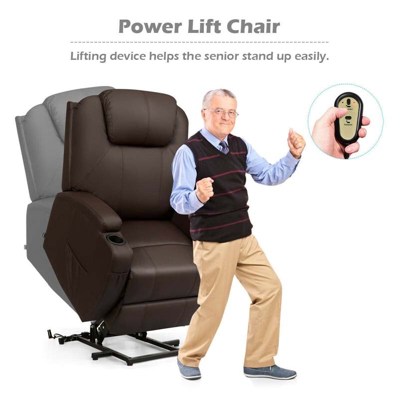 Heated Power Lift Recliner, Elderly Lift Chair, Leather Massage Recliner Sofa with 8 Vibrating Massage Nodes, 3 Side Pockets, 2 Cup Holders