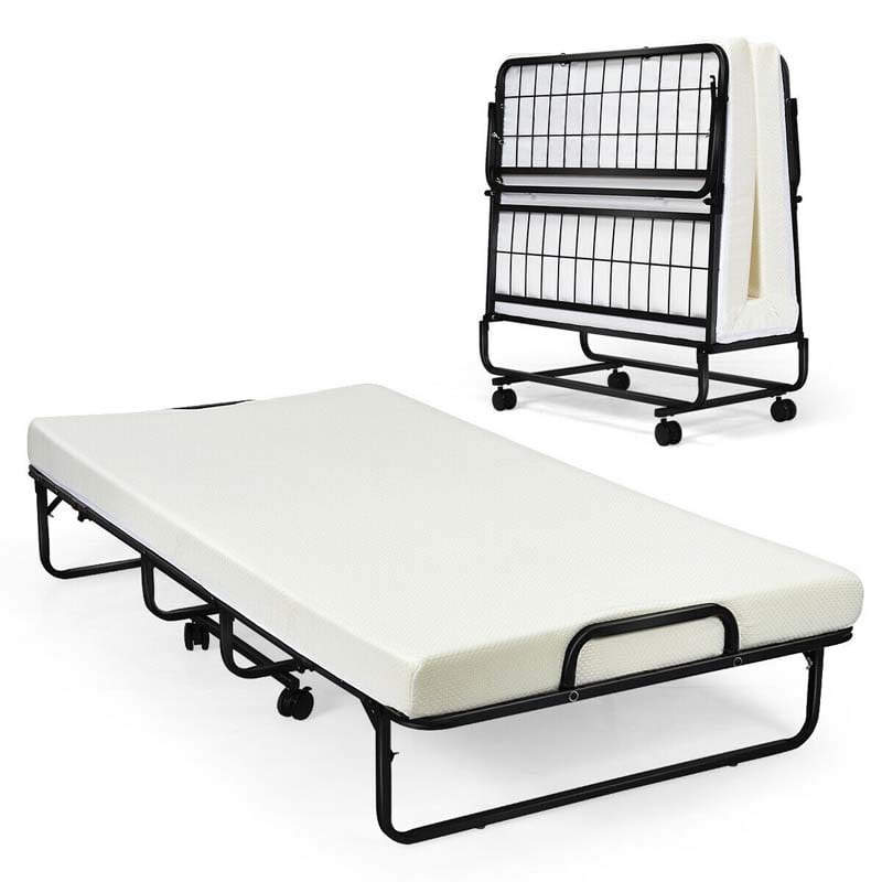 75" x 38" Rollaway Folding Bed with 4" Memory Foam Mattress, Twin Size Portable Guest Bed with Wheels