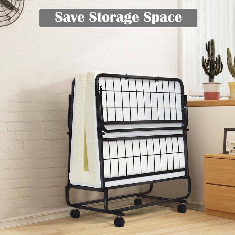 Portable Folding Bed with Mattress for Adults, Twin Rollaway Bed with 4" Memory Foam Mattress & Wheels, 75" x 38" Foldable Guest Bed