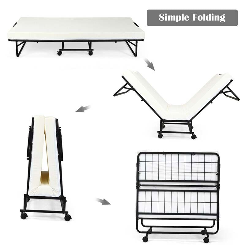 Portable Folding Bed with Mattress for Adults, Twin Rollaway Bed with 4" Memory Foam Mattress & Wheels, 75" x 38" Foldable Guest Bed