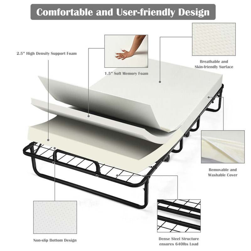 Portable Folding Bed with Mattress for Adults, Twin Rollaway Bed with 4" Memory Foam Mattress & Wheels, 75" x 38" Foldable Guest Bed