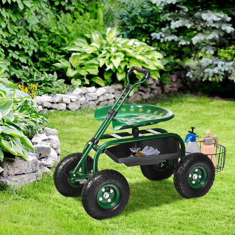 Heavy Duty Rolling Garden Cart Workseat with Tool Tray, 360 Swivel Seat, Storage Basket, Extendable Steering Handle