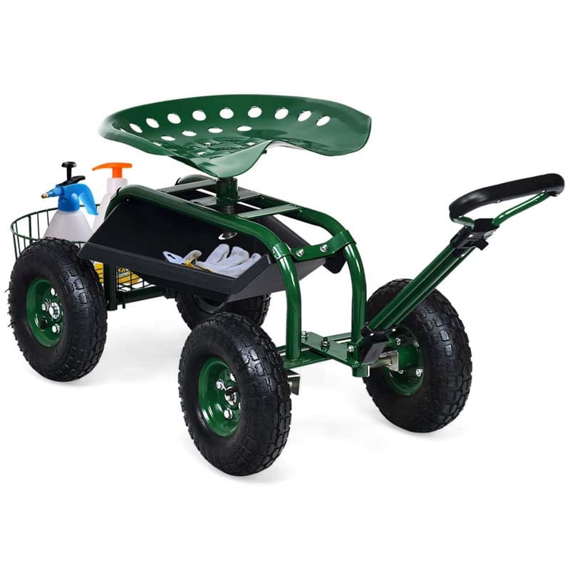 Heavy Duty Rolling Garden Cart Workseat with Tool Tray, 360 Swivel Seat, Storage Basket, Extendable Steering Handle