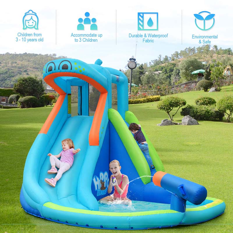 5-in-1 Hippo Water Park Bounce House Inflatable Water Slide with Splash Pool, Climbing Wall, Water Cannon, 740W Blower