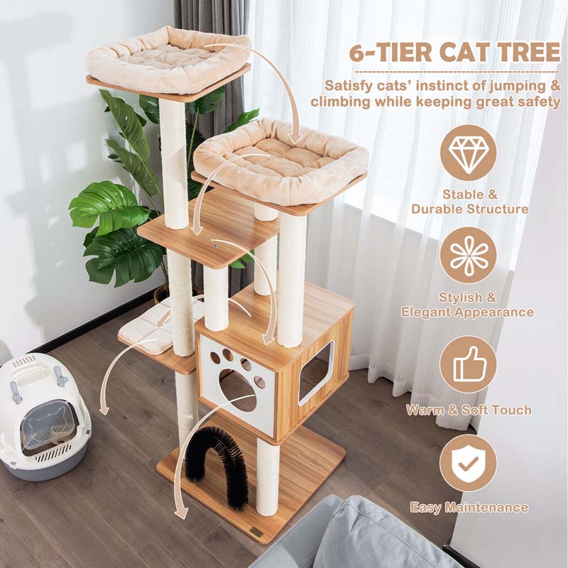 69.5" Tall Multi-Layer Cat Tree Tower Condo, Modern Wooden Cat Activity Tree with Cushions & Scratching Post