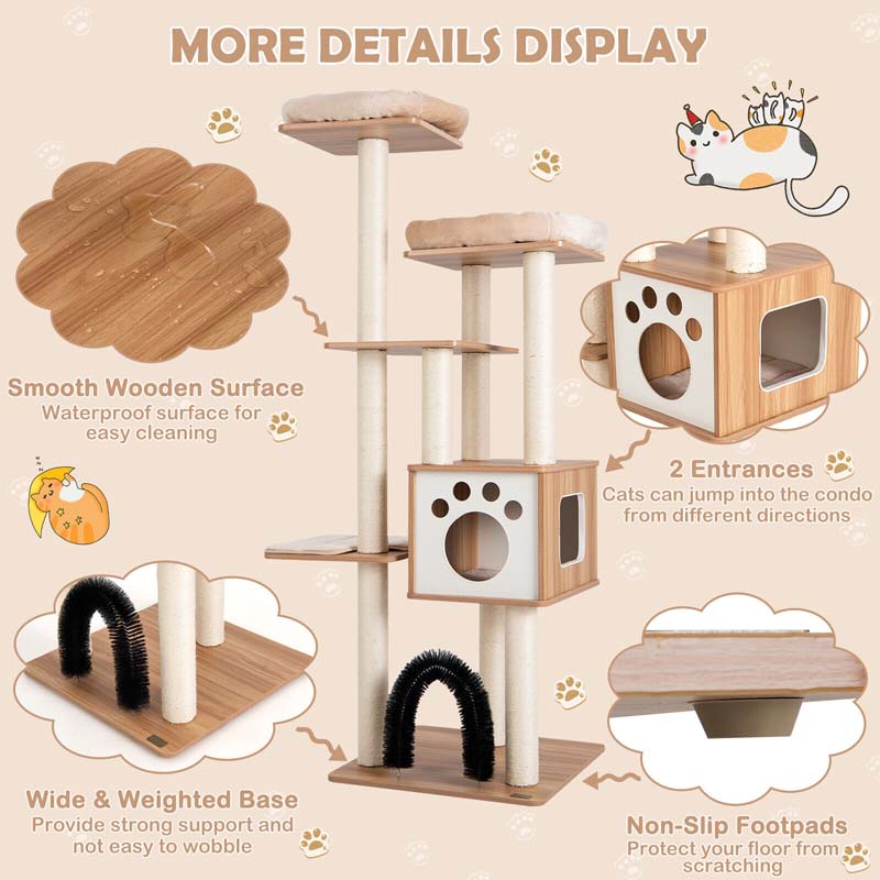 69.5" Tall Multi-Layer Cat Tree Tower Condo, Modern Wooden Cat Activity Tree with Cushions & Scratching Post