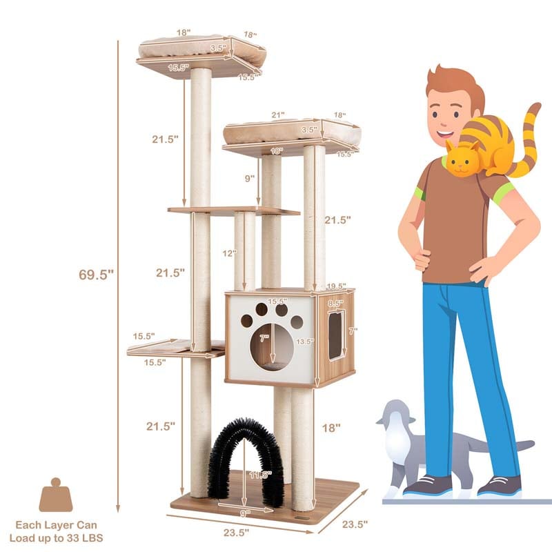 69.5" Tall Multi-Layer Cat Tree Tower Condo, Modern Wooden Cat Activity Tree with Cushions & Scratching Post