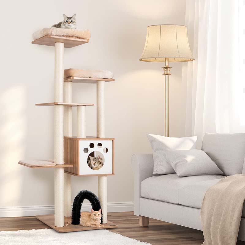 69.5" Tall Multi-Layer Cat Tree Tower Condo, Modern Wooden Cat Activity Tree with Cushions & Scratching Post