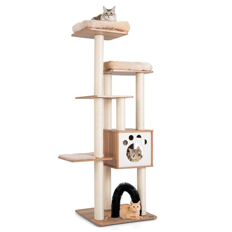 69.5" Tall Multi-Layer Cat Tree Tower Condo, Modern Wooden Cat Activity Tree with Cushions & Scratching Post