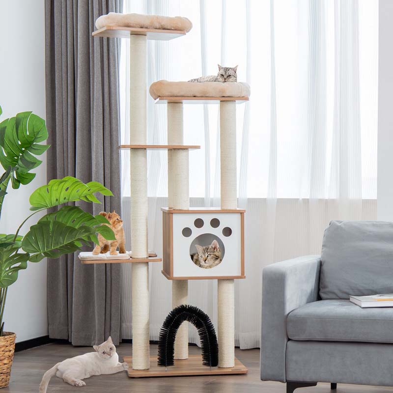 69.5" Tall Multi-Layer Cat Tree Tower Condo, Modern Wooden Cat Activity Tree with Cushions & Scratching Post