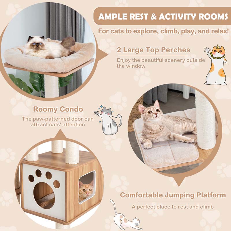 69.5" Tall Multi-Layer Cat Tree Tower Condo, Modern Wooden Cat Activity Tree with Cushions & Scratching Post