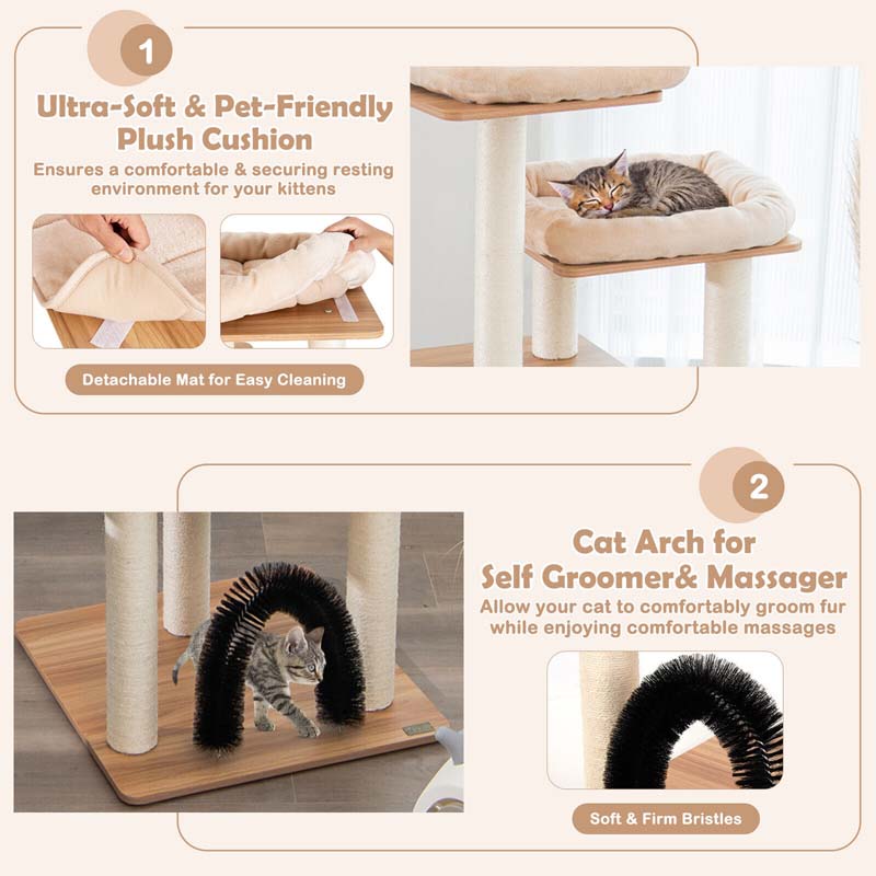 69.5" Tall Multi-Layer Cat Tree Tower Condo, Modern Wooden Cat Activity Tree with Cushions & Scratching Post