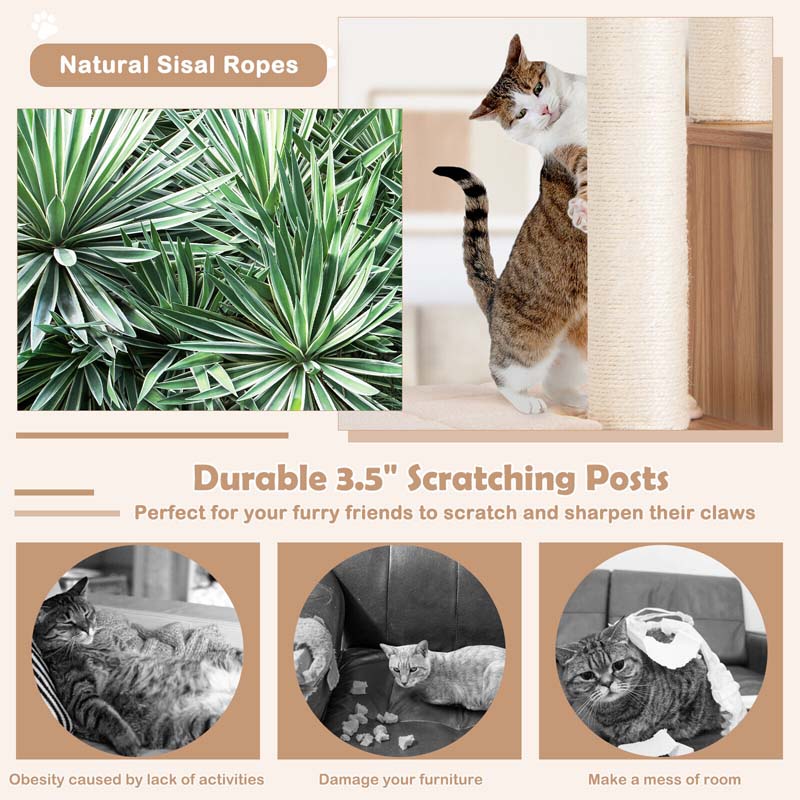 69.5" Tall Multi-Layer Cat Tree Tower Condo, Modern Wooden Cat Activity Tree with Cushions & Scratching Post