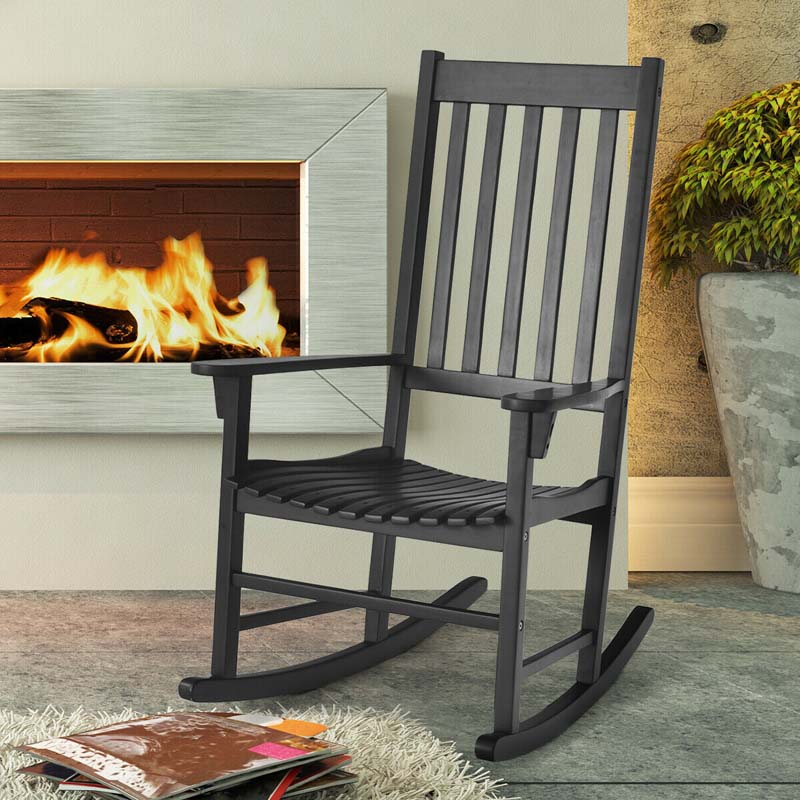 2PCS Acacia Wood Rocking Chair, High Back Porch Rocker with Wide Seat & Ergonomic Armrest for Indoor Outdoor Use