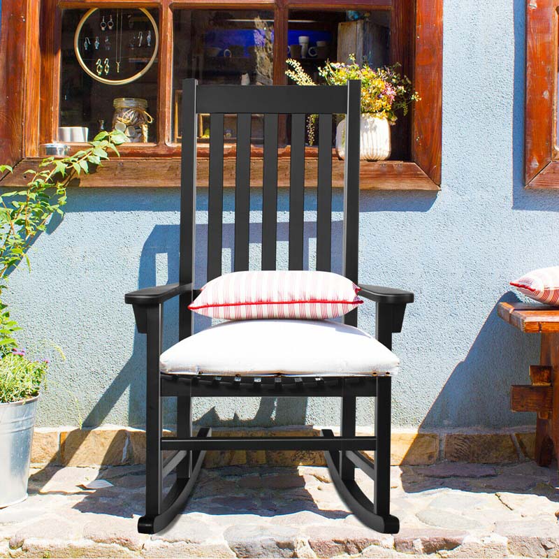 Acacia Wood Rocking Chair, High Back Porch Rocker with Wide Seat & Ergonomic Armrest for Indoor Outdoor Use