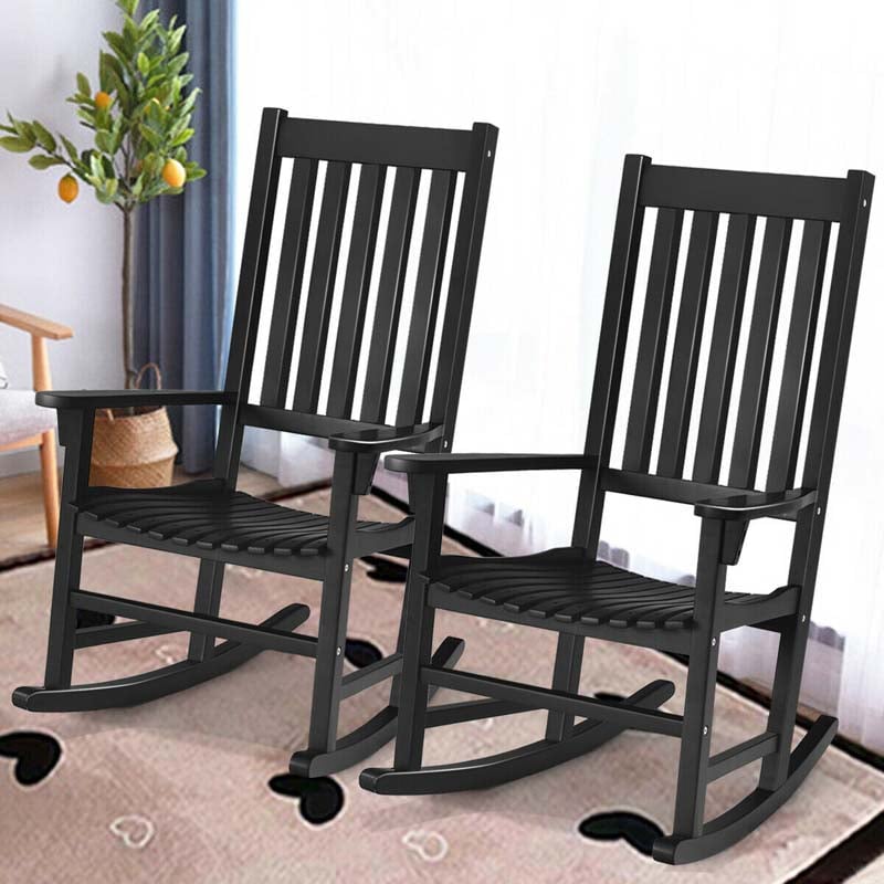 Acacia Wood Rocking Chair, High Back Porch Rocker with Wide Seat & Ergonomic Armrest for Indoor Outdoor Use