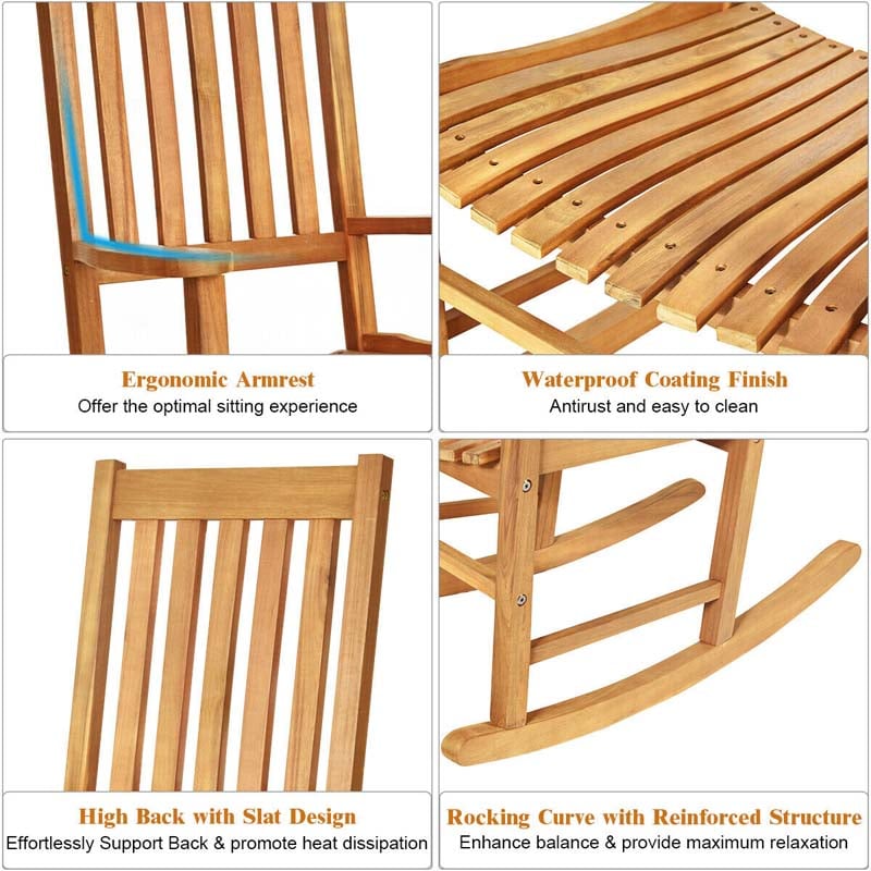 Acacia Wood Rocking Chair, High Back Porch Rocker with Wide Seat & Ergonomic Armrest for Indoor Outdoor Use