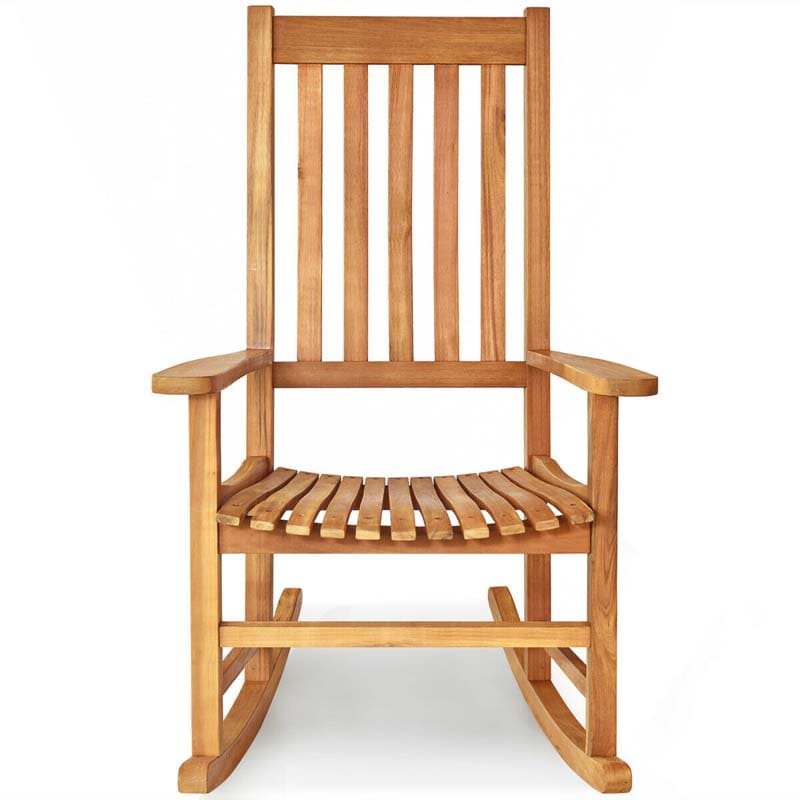 Acacia Wood Rocking Chair, High Back Porch Rocker with Wide Seat & Ergonomic Armrest for Indoor Outdoor Use