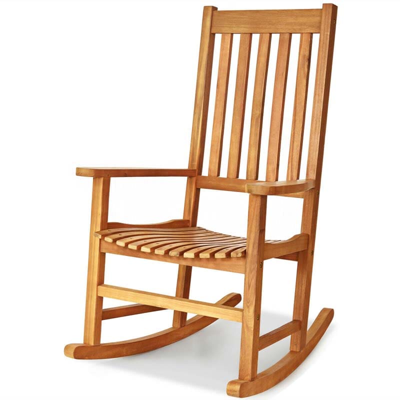 Acacia Wood Rocking Chair, High Back Porch Rocker with Wide Seat & Ergonomic Armrest for Indoor Outdoor Use