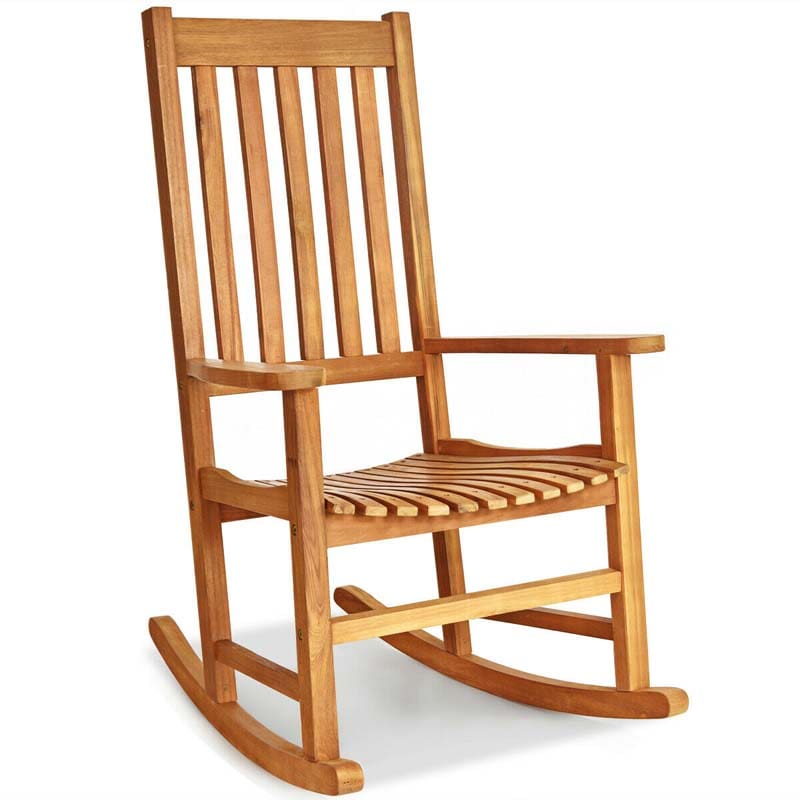 Acacia Wood Rocking Chair, High Back Porch Rocker with Wide Seat & Ergonomic Armrest for Indoor Outdoor Use