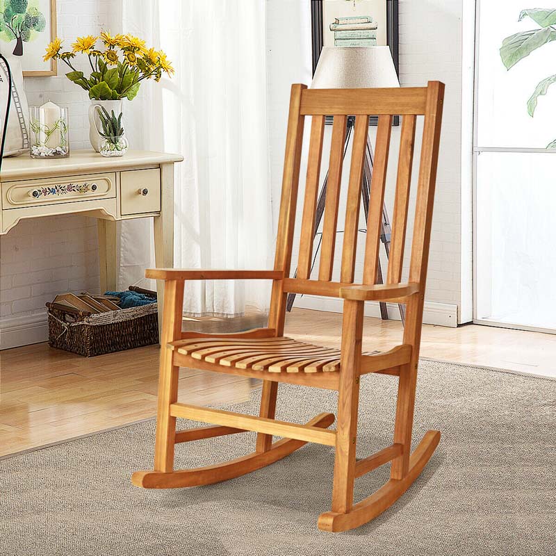 2PCS Acacia Wood Rocking Chair, High Back Porch Rocker with Wide Seat & Ergonomic Armrest for Indoor Outdoor Use