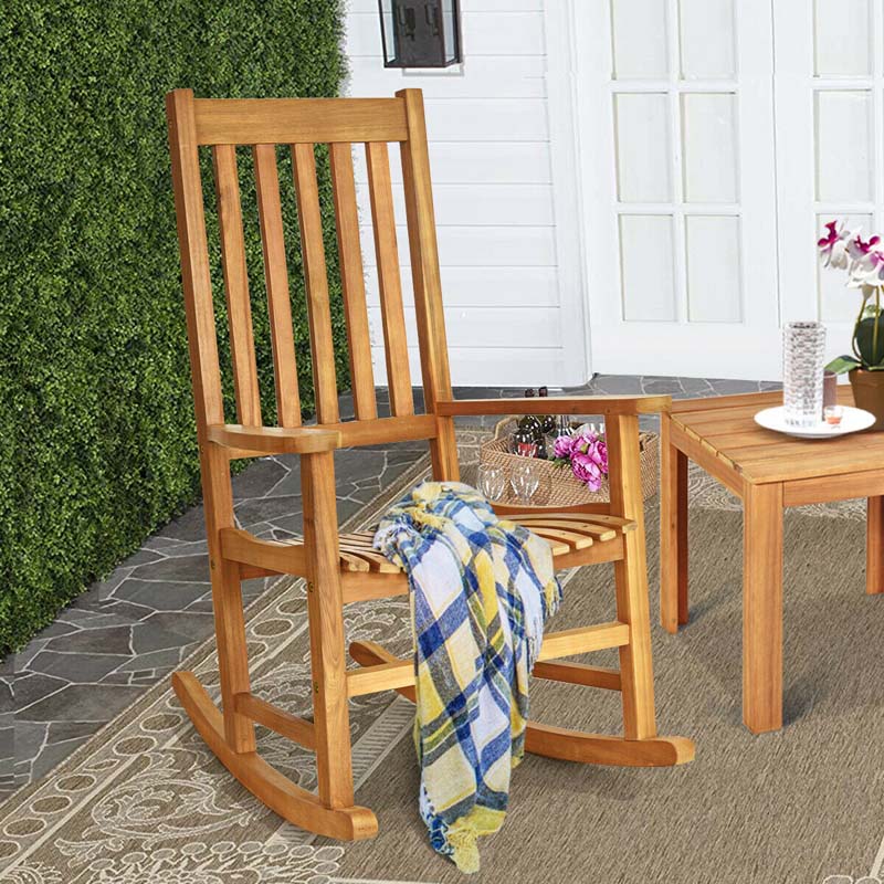 Acacia Wood Rocking Chair, High Back Porch Rocker with Wide Seat & Ergonomic Armrest for Indoor Outdoor Use