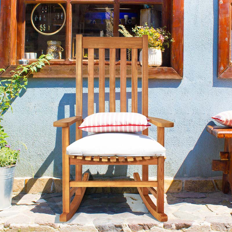 Acacia Wood Rocking Chair, High Back Porch Rocker with Wide Seat & Ergonomic Armrest for Indoor Outdoor Use