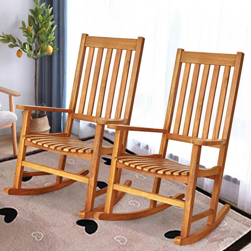 Acacia Wood Rocking Chair, High Back Porch Rocker with Wide Seat & Ergonomic Armrest for Indoor Outdoor Use