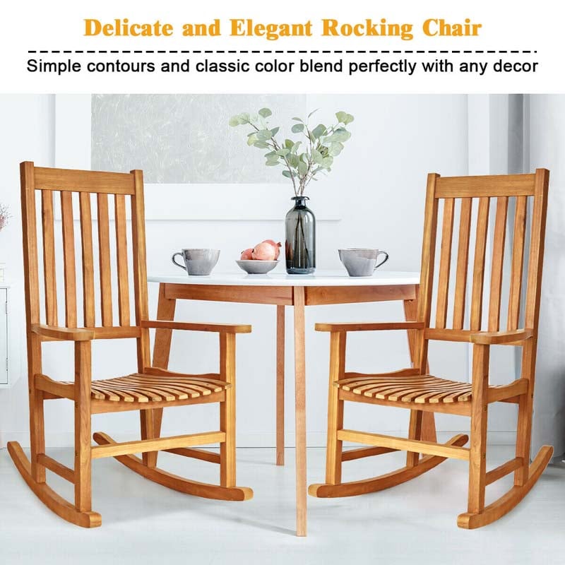 Acacia Wood Rocking Chair, High Back Porch Rocker with Wide Seat & Ergonomic Armrest for Indoor Outdoor Use