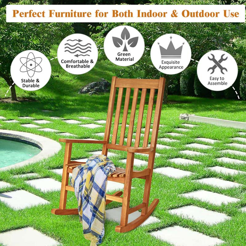 Acacia Wood Rocking Chair, High Back Porch Rocker with Wide Seat & Ergonomic Armrest for Indoor Outdoor Use
