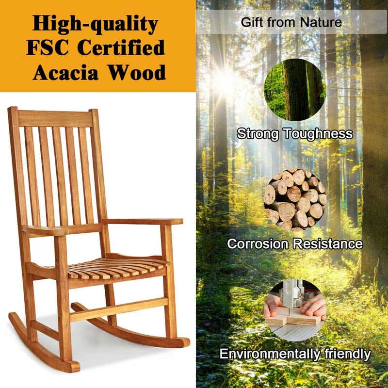 Acacia Wood Rocking Chair, High Back Porch Rocker with Wide Seat & Ergonomic Armrest for Indoor Outdoor Use