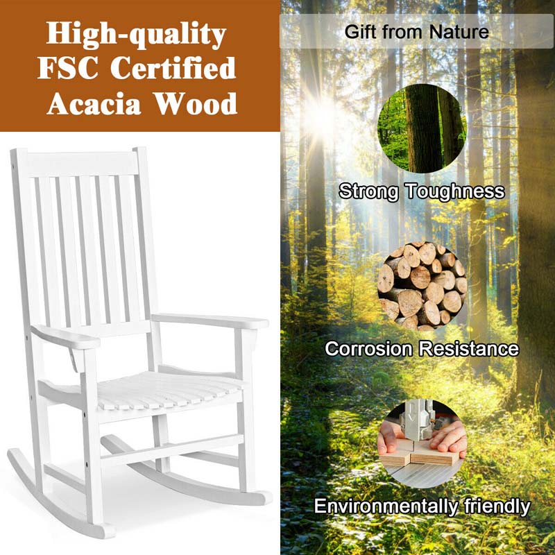 Acacia Wood Rocking Chair, High Back Porch Rocker with Wide Seat & Ergonomic Armrest for Indoor Outdoor Use