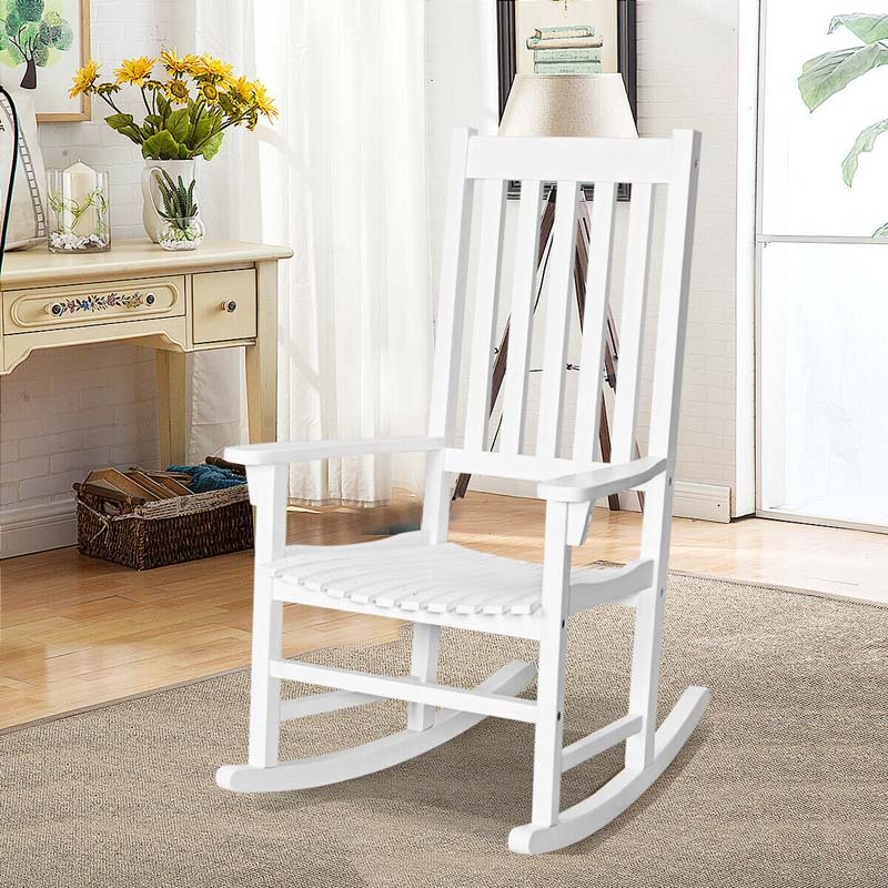 Acacia Wood Rocking Chair, High Back Porch Rocker with Wide Seat & Ergonomic Armrest for Indoor Outdoor Use
