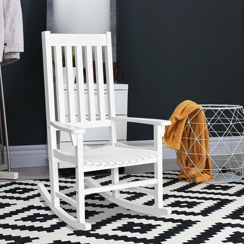 Acacia Wood Rocking Chair, High Back Porch Rocker with Wide Seat & Ergonomic Armrest for Indoor Outdoor Use