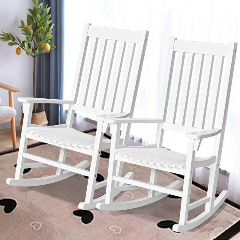 Acacia Wood Rocking Chair, High Back Porch Rocker with Wide Seat & Ergonomic Armrest for Indoor Outdoor Use