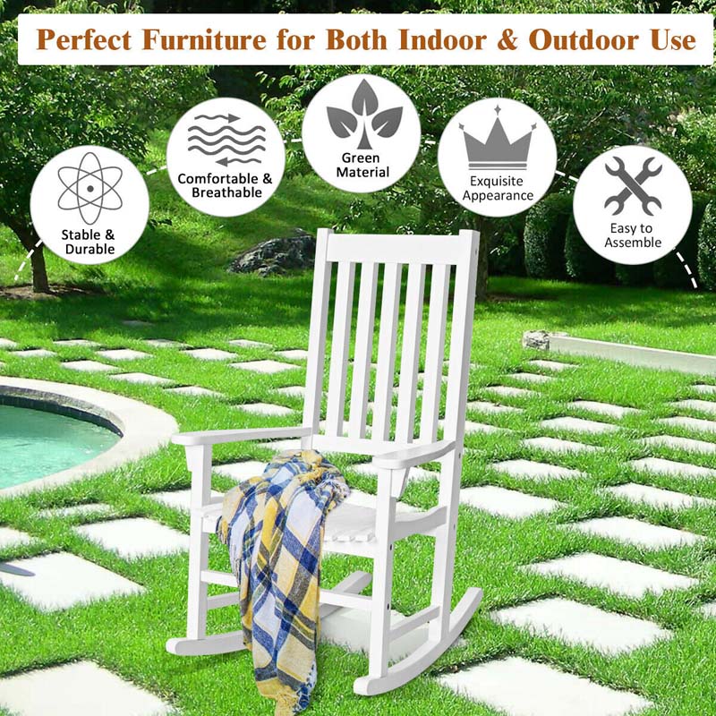 Acacia Wood Rocking Chair, High Back Porch Rocker with Wide Seat & Ergonomic Armrest for Indoor Outdoor Use