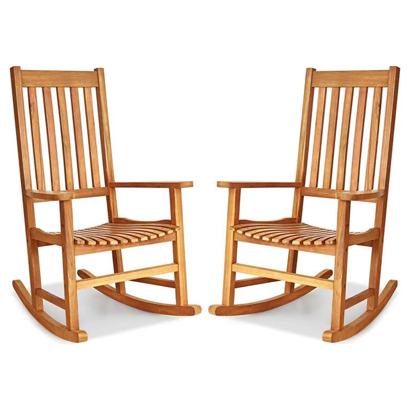 2 Pcs Acacia Wood Rocking Chairs High Back Outdoor Rocker for Porch Patio Lawn