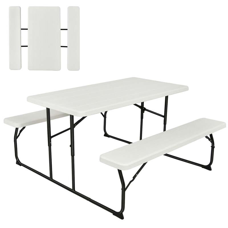 4-Person Folding Picnic Table Bench Set with Wood-like Texture & Metal Frame, Portable Outdoor Camping Dining Table Set