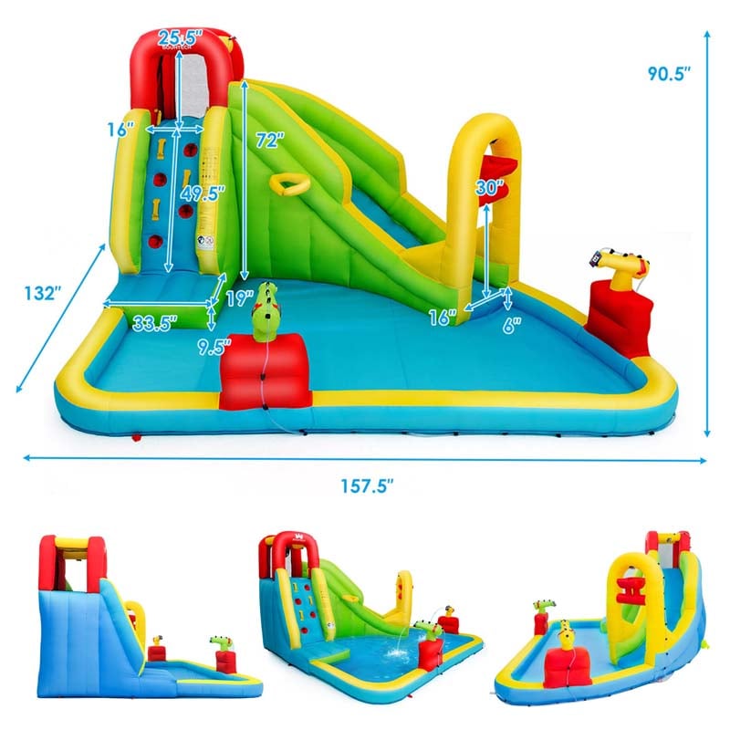 7-in-1 Long Slide Inflatable Bounce House Water Park with Splash Pool, Climbing Wall, Basketball Rim & Water Cannons for Kids Backyard Fun